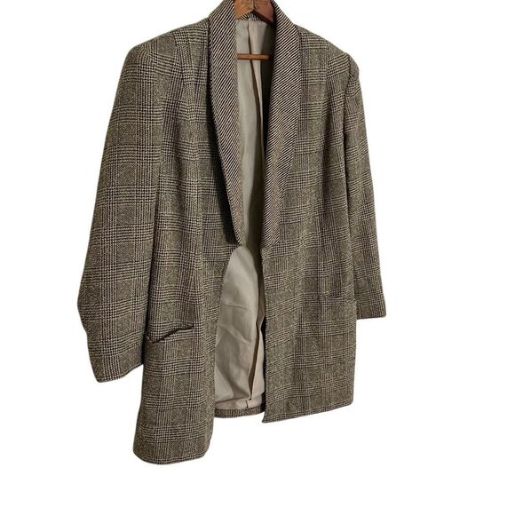 Vintage Glen Plaid Open Front Collared Long Sleeve Lined Blazer Tan Black Sz 13 - Picture 3 of 8